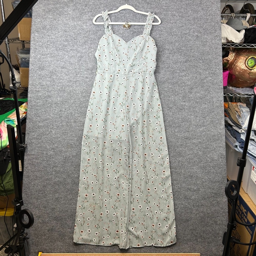 Miami Sweetheart Neck Ruffle Strap Jumpsuit Womens Gray Floral Wide Leg - Medium
